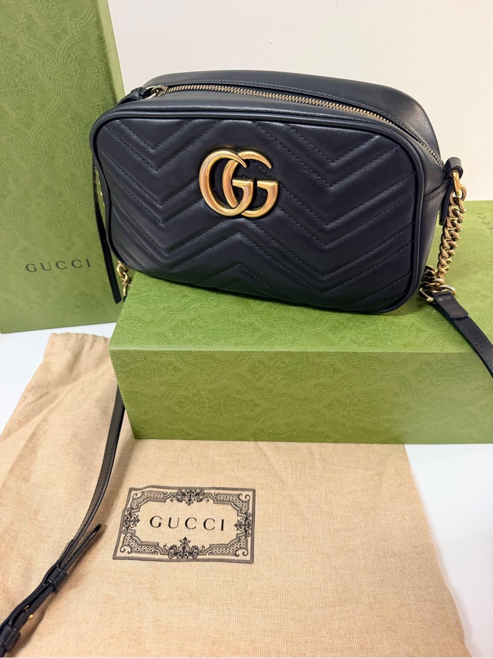 Gucci Black Quilted Leather Crossbody with Gold GG Hardware